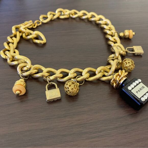 Vintage Gold-Tone Chunky Chain Necklace with Perfume Bottle, Locks & Beads Charm - Picture 3 of 6